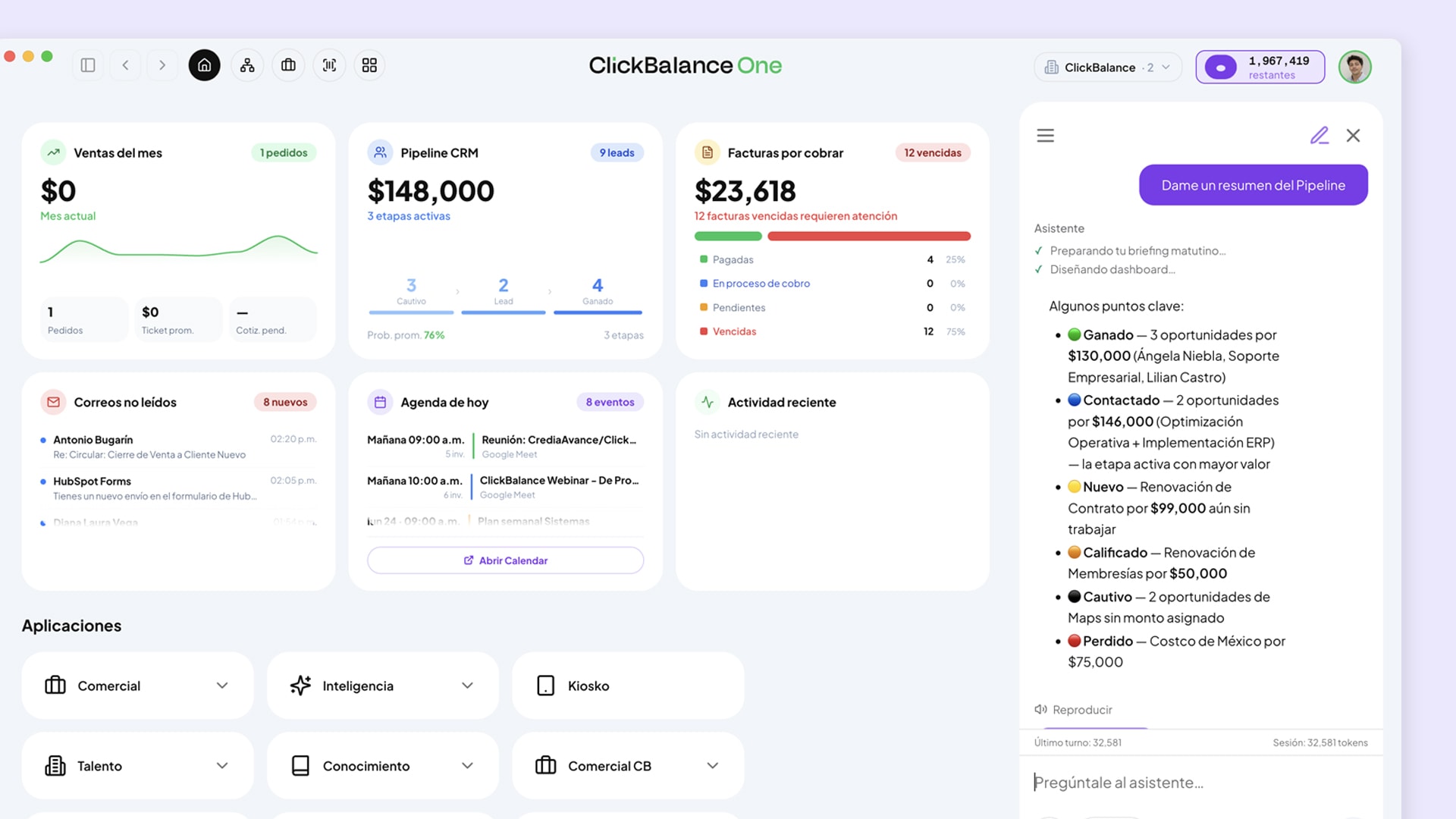 Asistente de IA de ClickBalance One resumiendo el pipeline de ventas
