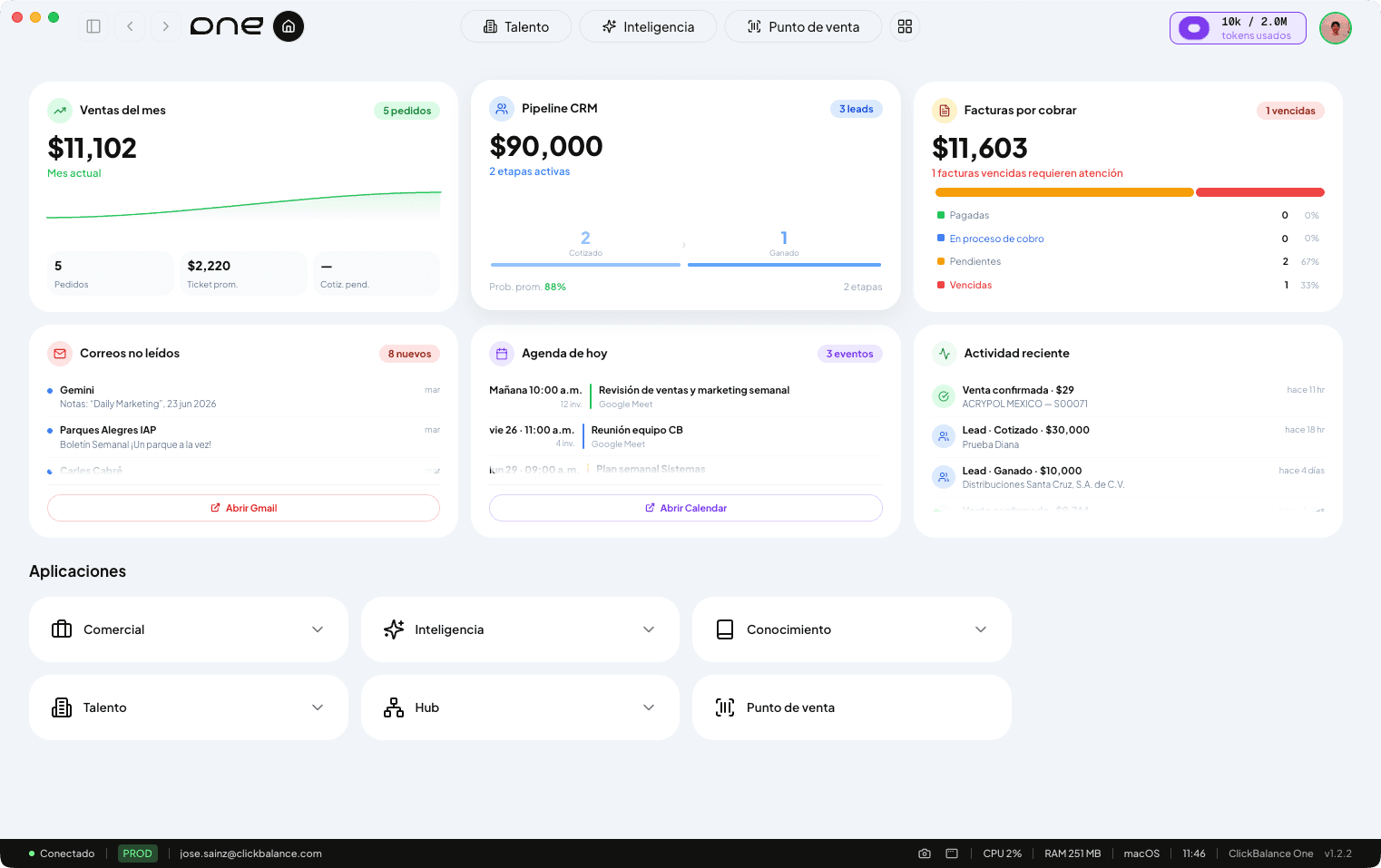 Vista de ClickBalance One — CRM, ventas y espacio de trabajo unificado